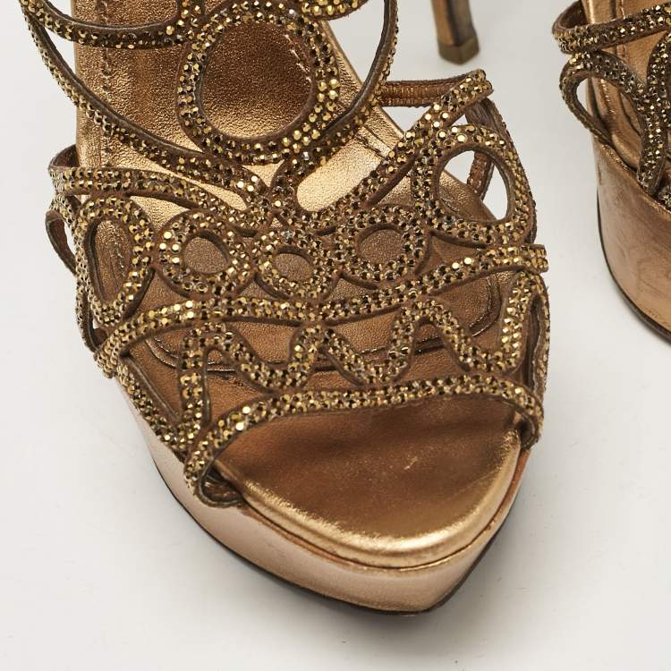 Pre Owned Sergio Rossi Metallic Crystal Embellished Suede Cut Out Platform Sandals Size 39