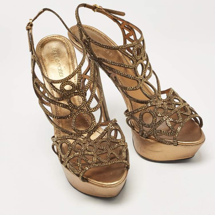 Pre Owned Sergio Rossi Metallic Crystal Embellished Suede Cut Out Platform Sandals Size 39