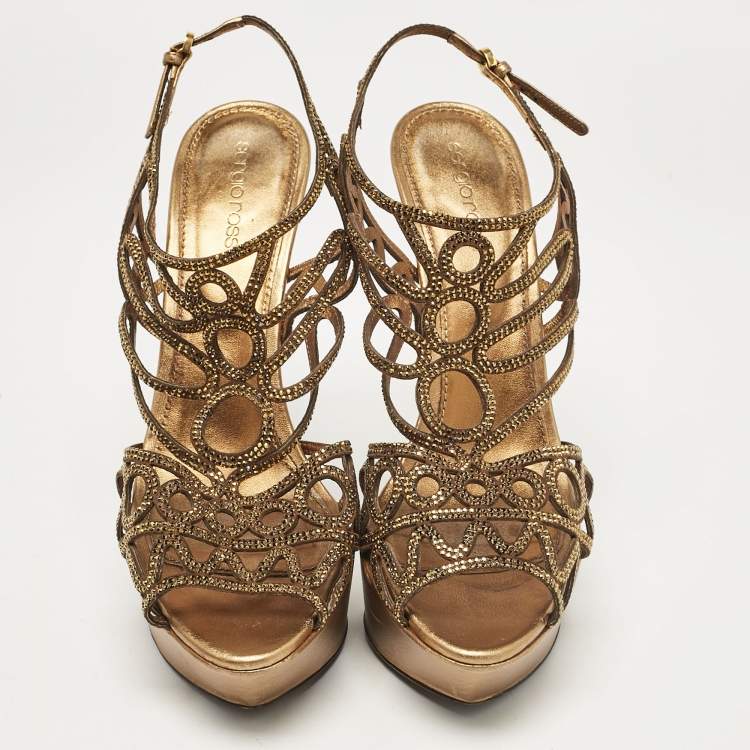 Pre Owned Sergio Rossi Metallic Crystal Embellished Suede Cut Out Platform Sandals Size 39