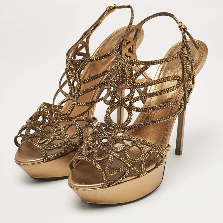Pre Owned Sergio Rossi Metallic Crystal Embellished Suede Cut Out Platform Sandals Size 39