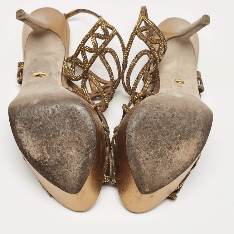 Pre Owned Sergio Rossi Metallic Crystal Embellished Suede Cut Out Platform Sandals Size 39