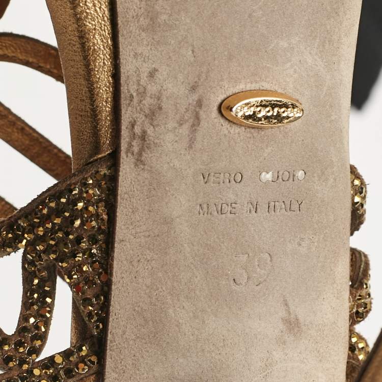 Pre Owned Sergio Rossi Metallic Crystal Embellished Suede Cut Out Platform Sandals Size 39