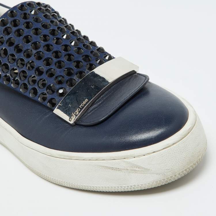Pre Owned Sergio Rossi Blue Leather and Suede Crystal Embellished SR1 Low Top Sneakers Size 38