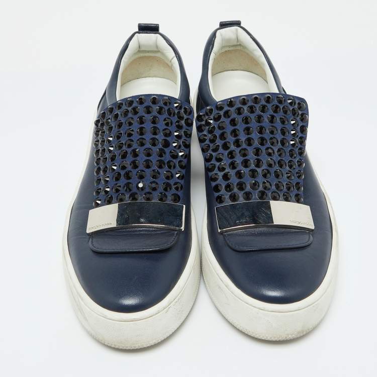 Pre Owned Sergio Rossi Blue Leather and Suede Crystal Embellished SR1 Low Top Sneakers Size 38