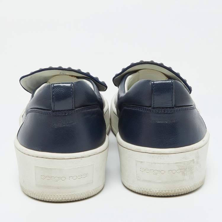 Pre Owned Sergio Rossi Blue Leather and Suede Crystal Embellished SR1 Low Top Sneakers Size 38