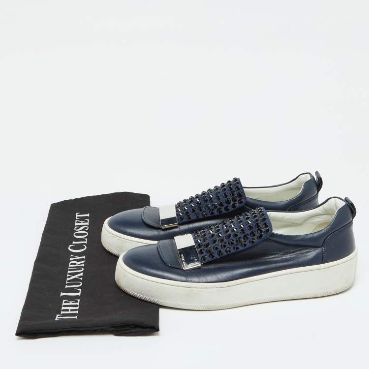 Pre Owned Sergio Rossi Blue Leather and Suede Crystal Embellished SR1 Low Top Sneakers Size 38