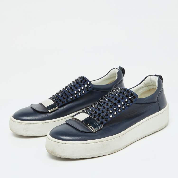 Pre Owned Sergio Rossi Blue Leather and Suede Crystal Embellished SR1 Low Top Sneakers Size 38