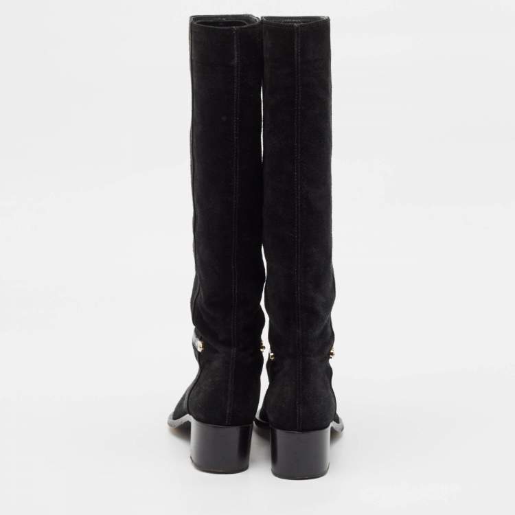 Pre Owned Sergio Rossi Black Leather and Suede Knee Length Boots Size 38.5