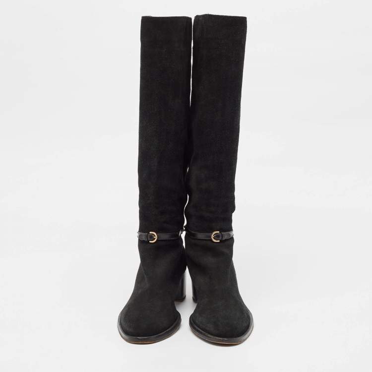 Pre Owned Sergio Rossi Black Leather and Suede Knee Length Boots Size 38.5