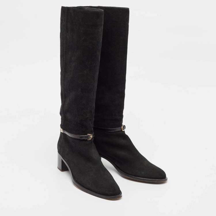 Pre Owned Sergio Rossi Black Leather and Suede Knee Length Boots Size 38.5