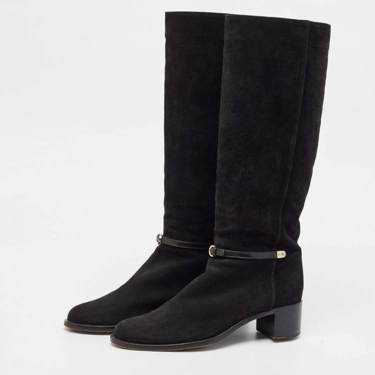 Pre Owned Sergio Rossi Black Leather and Suede Knee Length Boots Size 38.5