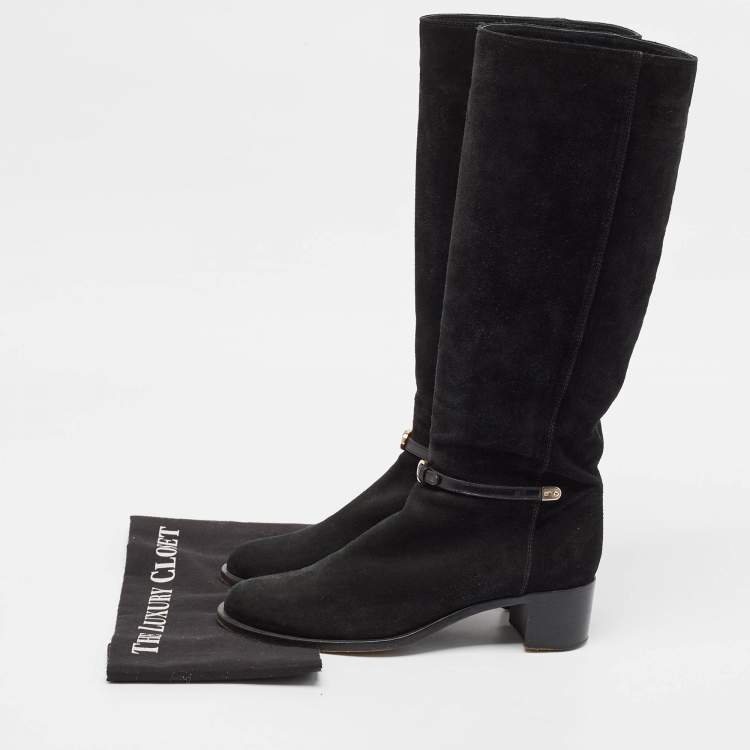 Pre Owned Sergio Rossi Black Leather and Suede Knee Length Boots Size 38.5