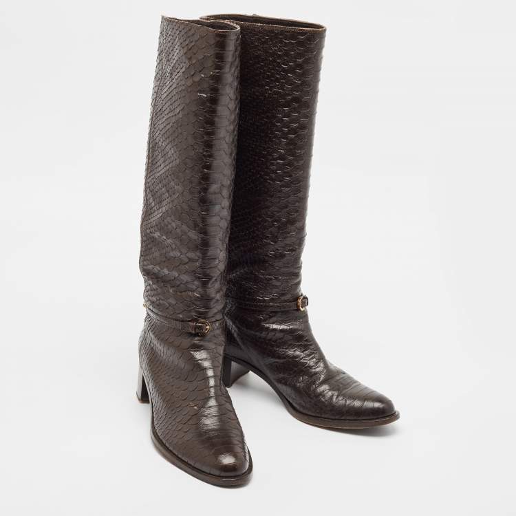 Pre Owned Sergio Rossi Brown Python Embossed Leather Knee Length Boots Size 38.5