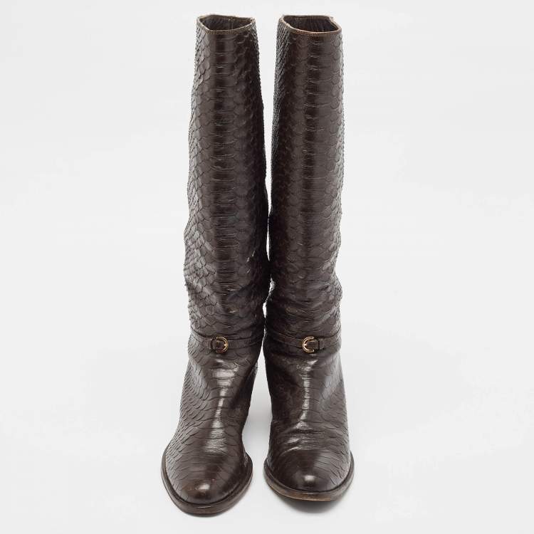 Pre Owned Sergio Rossi Brown Python Embossed Leather Knee Length Boots Size 38.5
