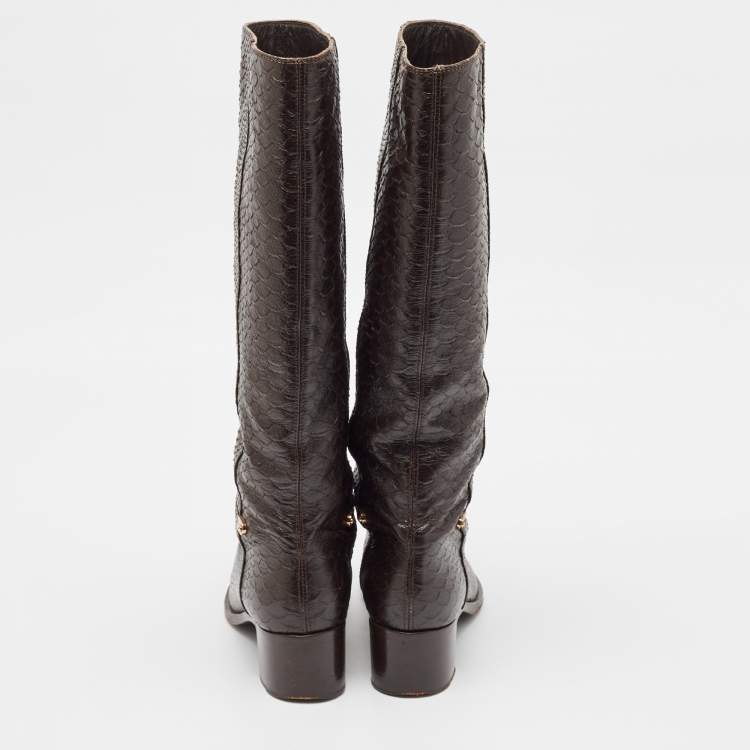 Pre Owned Sergio Rossi Brown Python Embossed Leather Knee Length Boots Size 38.5