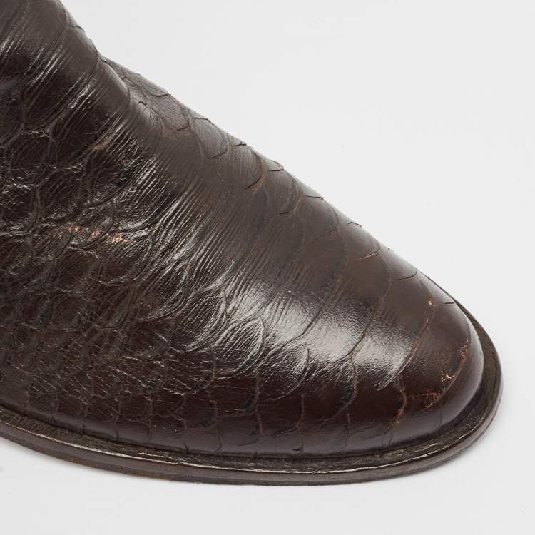 Pre Owned Sergio Rossi Brown Python Embossed Leather Knee Length Boots Size 38.5