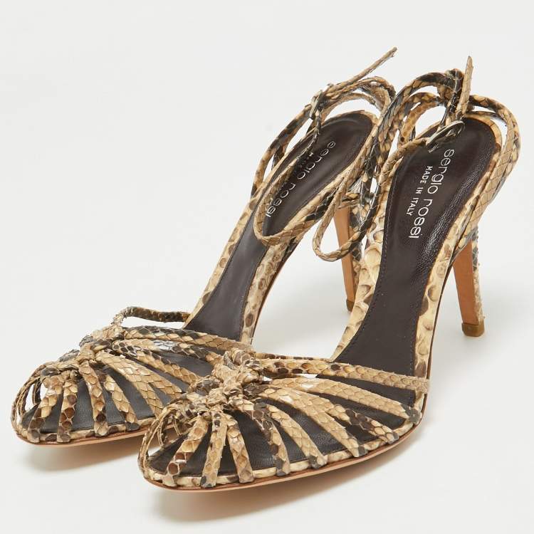 مملوكة مسبقًا Sergio Rossi Beige Python Leather Ankle Strap Sandals Size 37.5
