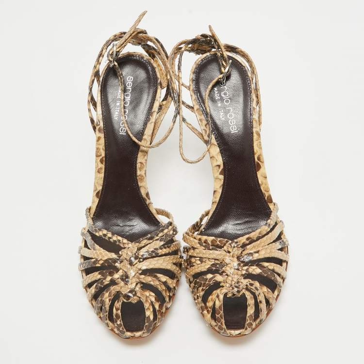 مملوكة مسبقًا Sergio Rossi Beige Python Leather Ankle Strap Sandals Size 37.5
