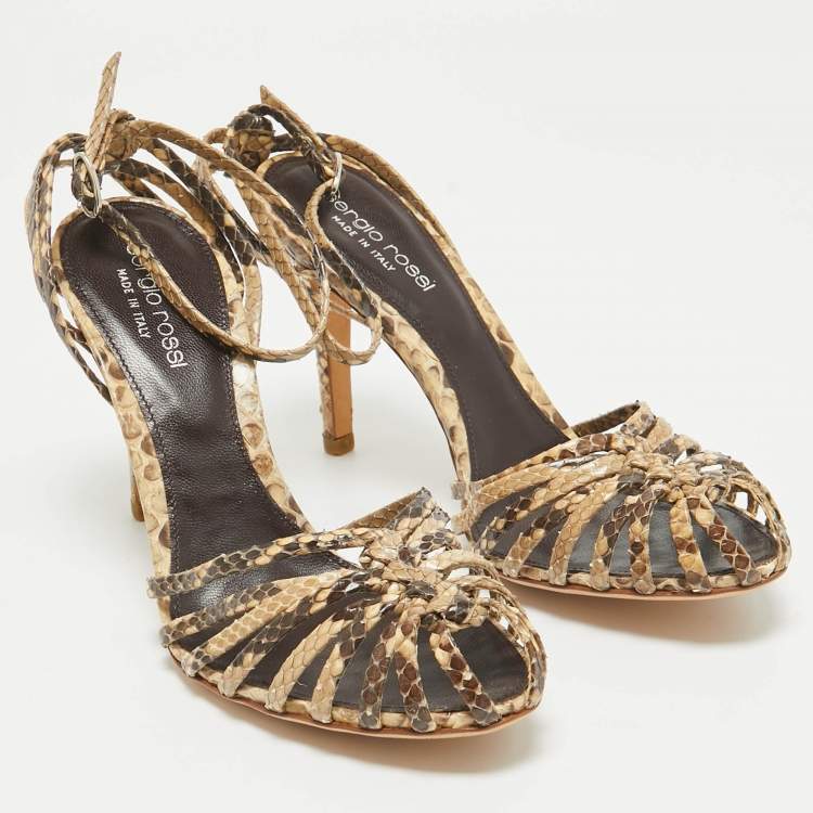 مملوكة مسبقًا Sergio Rossi Beige Python Leather Ankle Strap Sandals Size 37.5