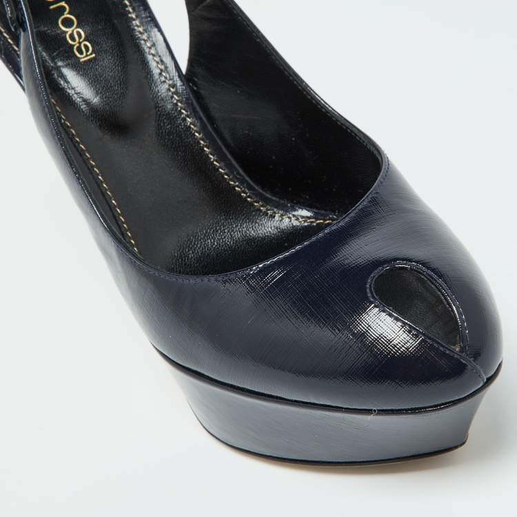Pre Owned Sergio Rossi Blue Patent Leather Peep Toe Slingback Pumps Size 37