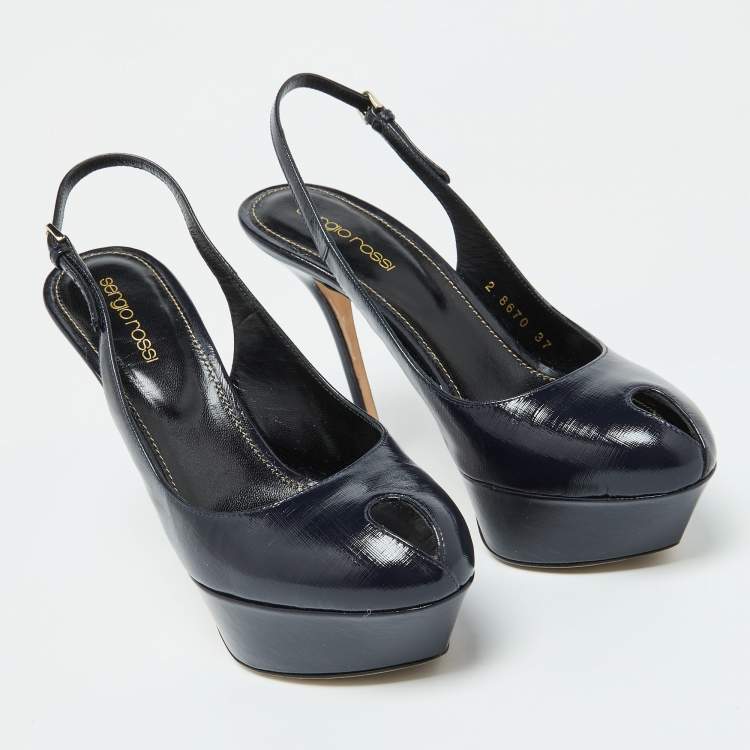 Pre Owned Sergio Rossi Blue Patent Leather Peep Toe Slingback Pumps Size 37