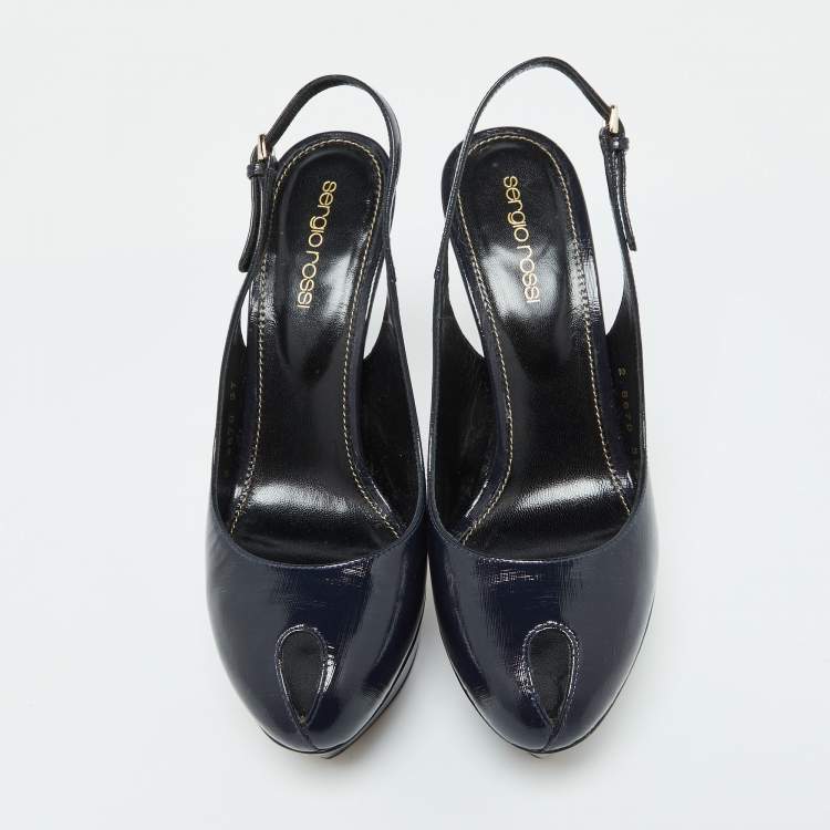Pre Owned Sergio Rossi Blue Patent Leather Peep Toe Slingback Pumps Size 37