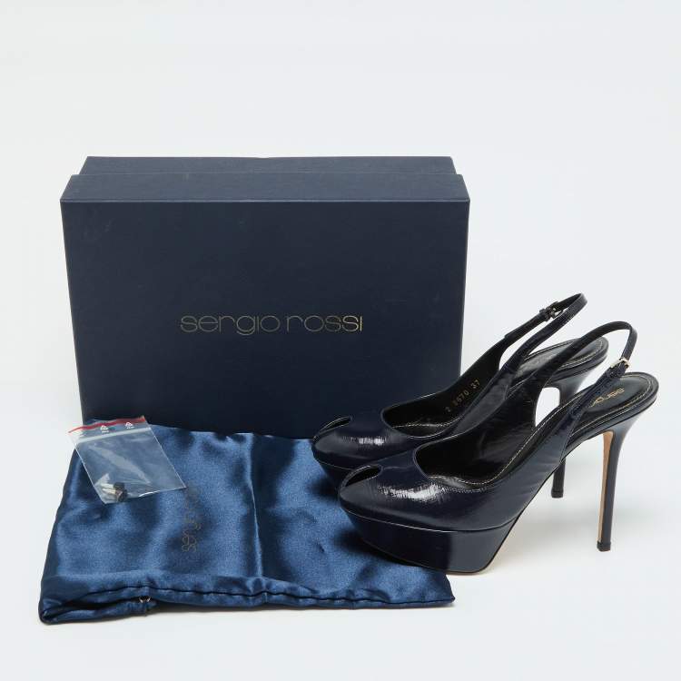 Pre Owned Sergio Rossi Blue Patent Leather Peep Toe Slingback Pumps Size 37
