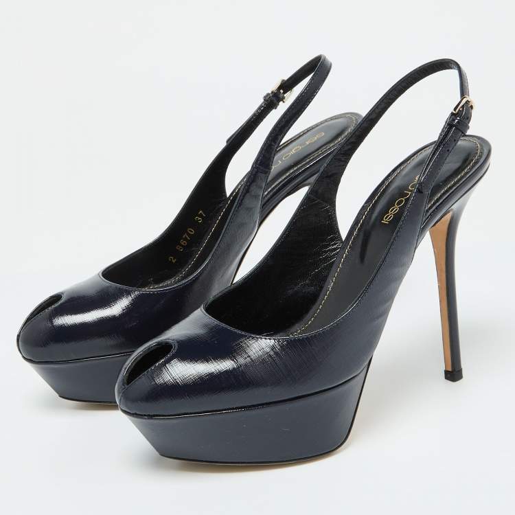Pre Owned Sergio Rossi Blue Patent Leather Peep Toe Slingback Pumps Size 37