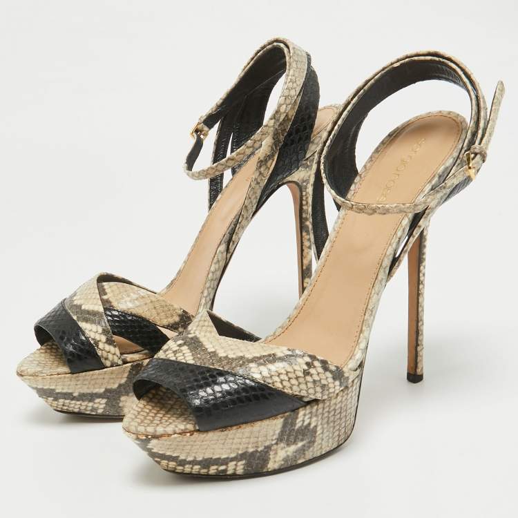 Pre Owned Sergio Rossi Grey Python Embossed Leather Ankle Strap Sandals Size 41