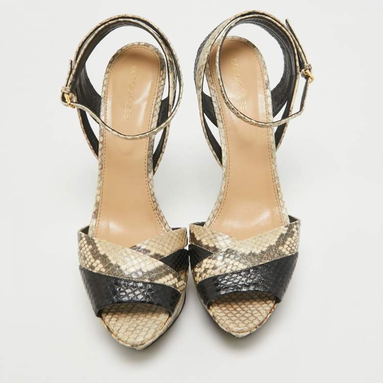 Pre Owned Sergio Rossi Grey Python Embossed Leather Ankle Strap Sandals Size 41