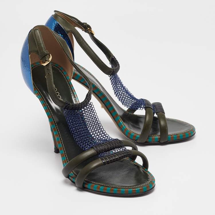 Pre Owned Sergio Rossi Green Leather and Mesh Ankle Strap Sandals Size 37.5