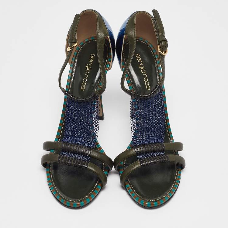 Pre Owned Sergio Rossi Green Leather and Mesh Ankle Strap Sandals Size 37.5