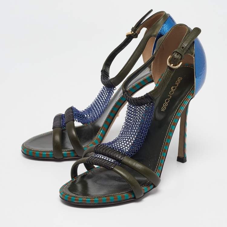 Pre Owned Sergio Rossi Green Leather and Mesh Ankle Strap Sandals Size 37.5