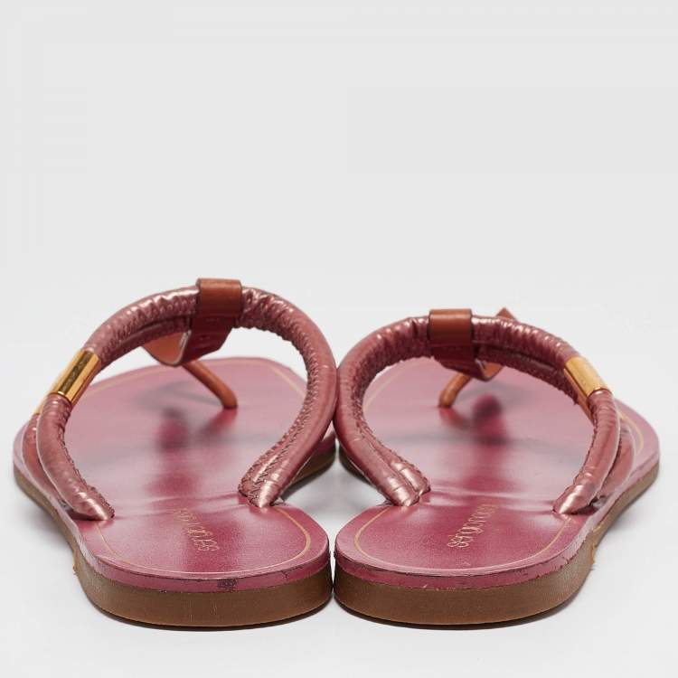 Pre Owned Sergio Rossi Purple/Brown Leather and PVC T Strap Flat Slides Size 39