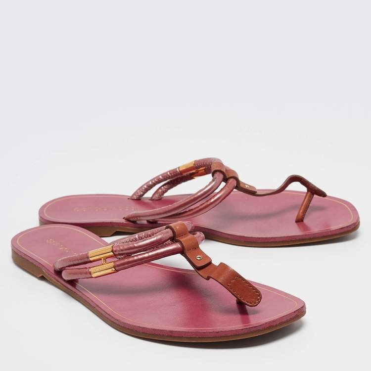 Pre Owned Sergio Rossi Purple/Brown Leather and PVC T Strap Flat Slides Size 39