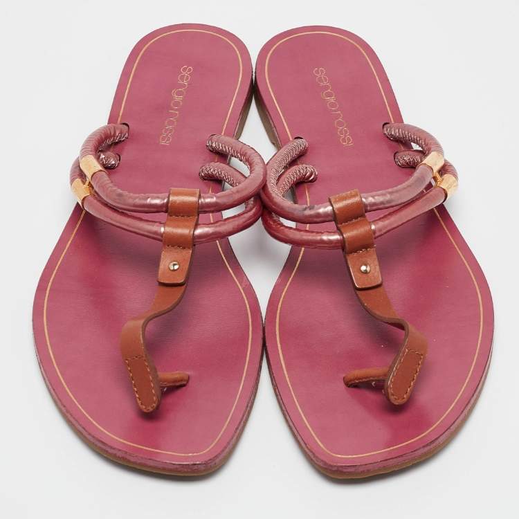 Pre Owned Sergio Rossi Purple/Brown Leather and PVC T Strap Flat Slides Size 39