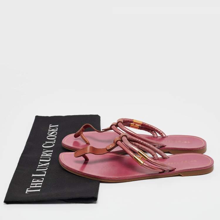 Pre Owned Sergio Rossi Purple/Brown Leather and PVC T Strap Flat Slides Size 39