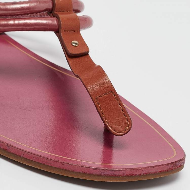 Pre Owned Sergio Rossi Purple/Brown Leather and PVC T Strap Flat Slides Size 39