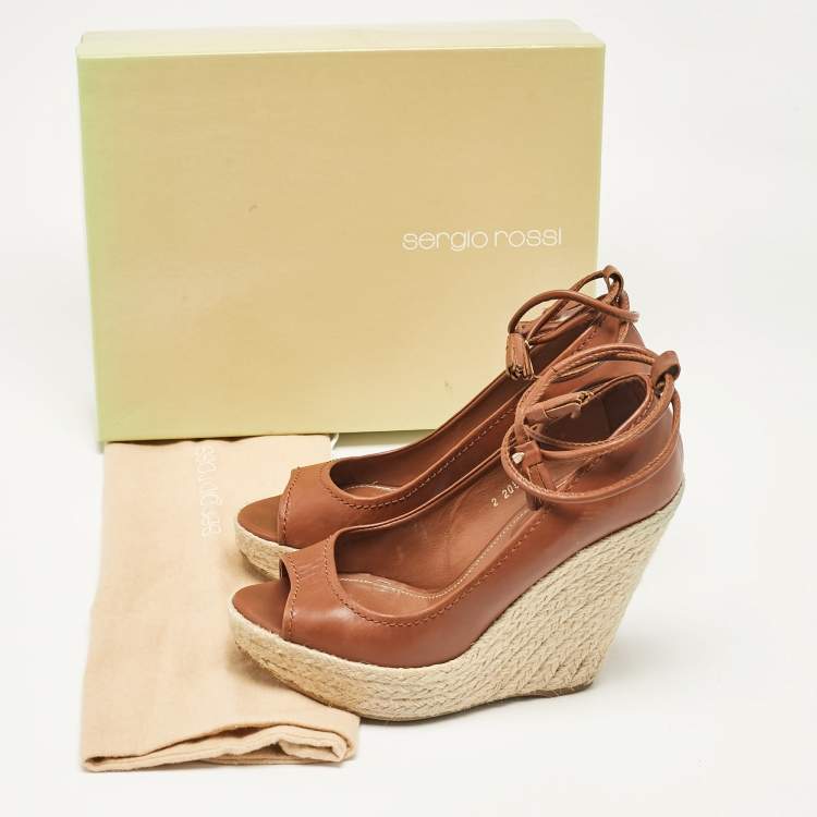 Pre Owned Sergio Rossi Brown Leather Wedge Pumps Size 38