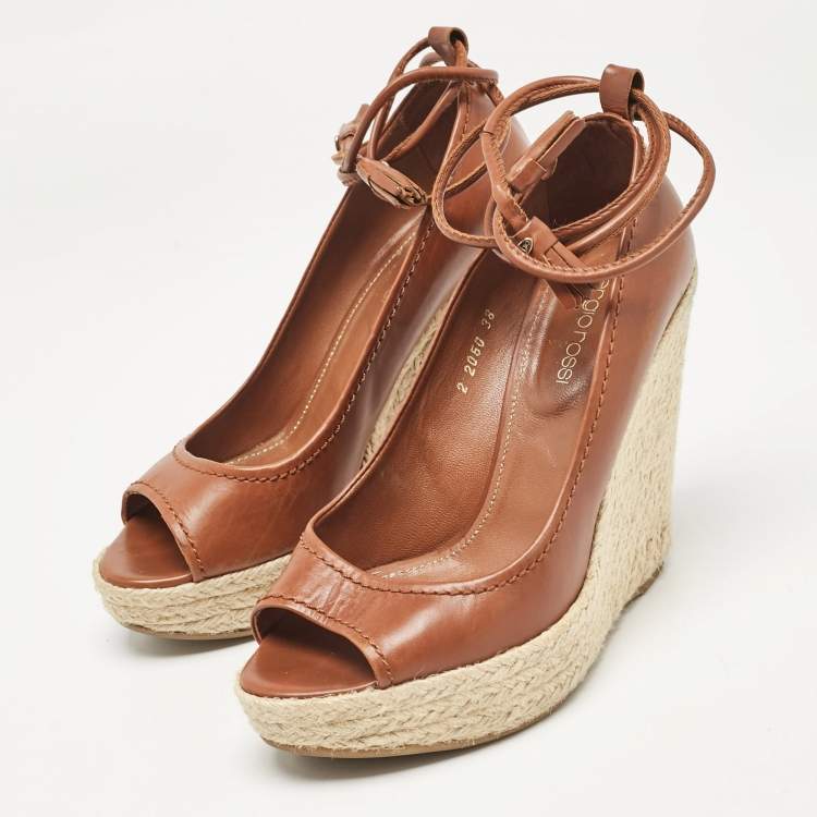 Pre Owned Sergio Rossi Brown Leather Wedge Pumps Size 38