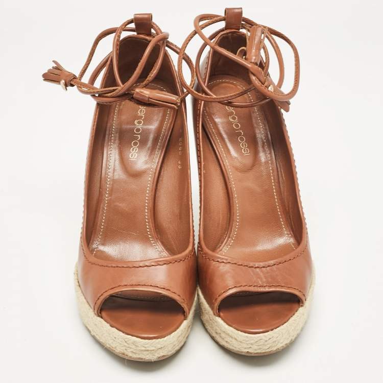 Pre Owned Sergio Rossi Brown Leather Wedge Pumps Size 38