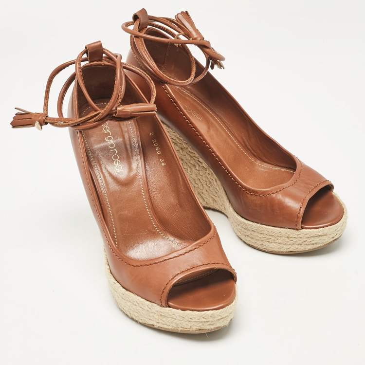Pre Owned Sergio Rossi Brown Leather Wedge Pumps Size 38