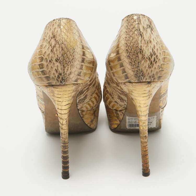 Pre Owned Sergio Rossi Gold Snakeskin Embossed Leather Peep Toe Pumps Size 39
