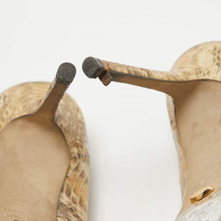 Pre Owned Sergio Rossi Gold Snakeskin Embossed Leather Peep Toe Pumps Size 39