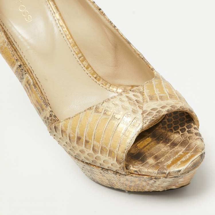 Pre Owned Sergio Rossi Gold Snakeskin Embossed Leather Peep Toe Pumps Size 39