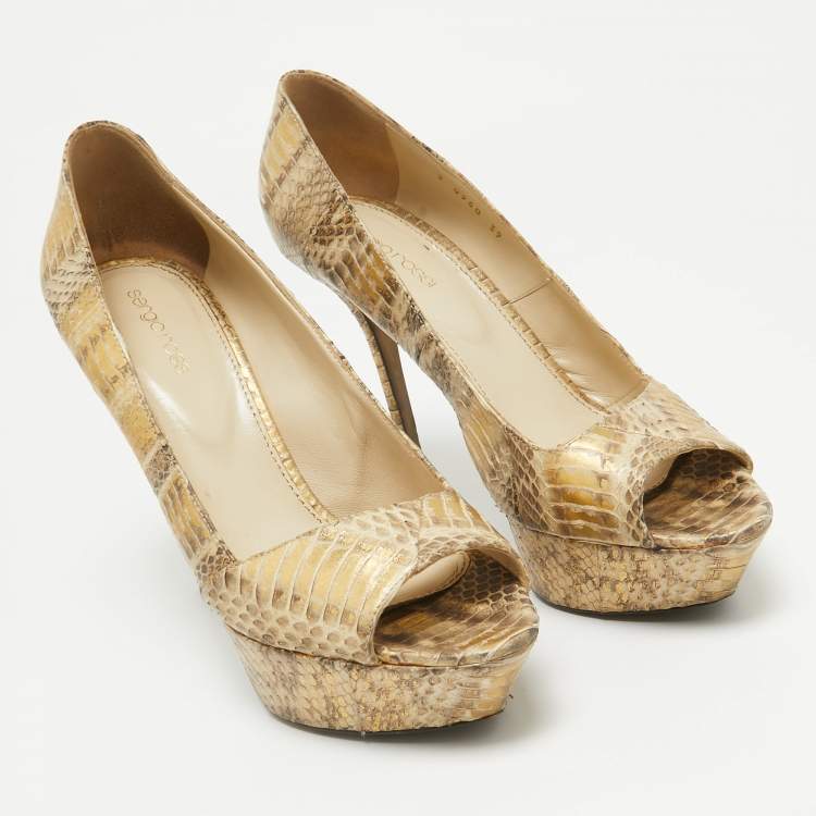 Pre Owned Sergio Rossi Gold Snakeskin Embossed Leather Peep Toe Pumps Size 39