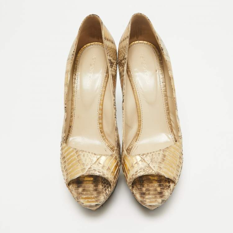Pre Owned Sergio Rossi Gold Snakeskin Embossed Leather Peep Toe Pumps Size 39