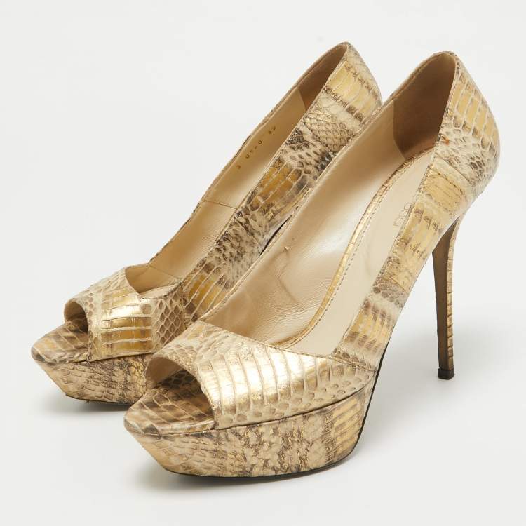 Pre Owned Sergio Rossi Gold Snakeskin Embossed Leather Peep Toe Pumps Size 39