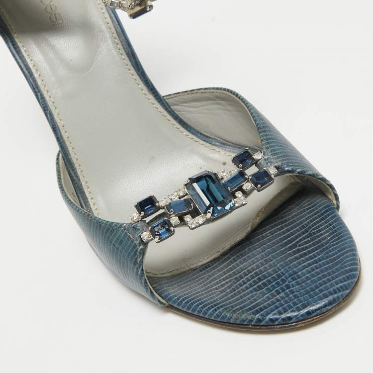 Pre Owned Sergio Rossi Blue Lizard Embossed Leather Embellished Open Toe Sandals Size 39