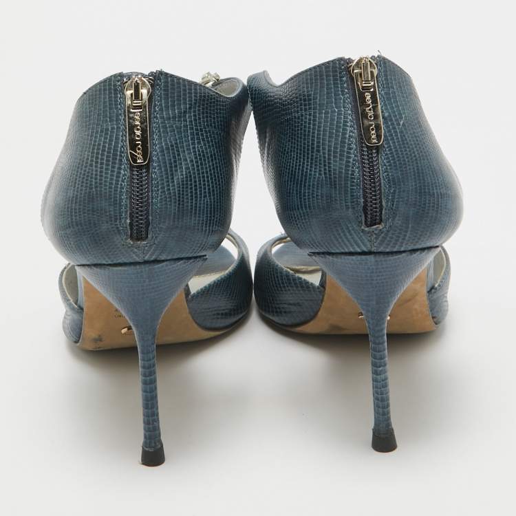 Pre Owned Sergio Rossi Blue Lizard Embossed Leather Embellished Open Toe Sandals Size 39